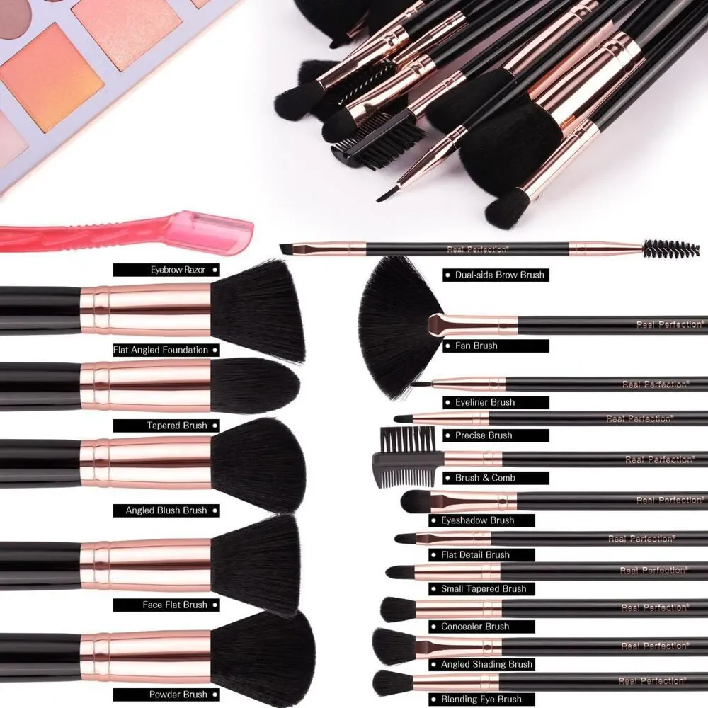 Real Perfection16 Pieces Black Make up Brushes Kit with 1 Eyebrow Razor
